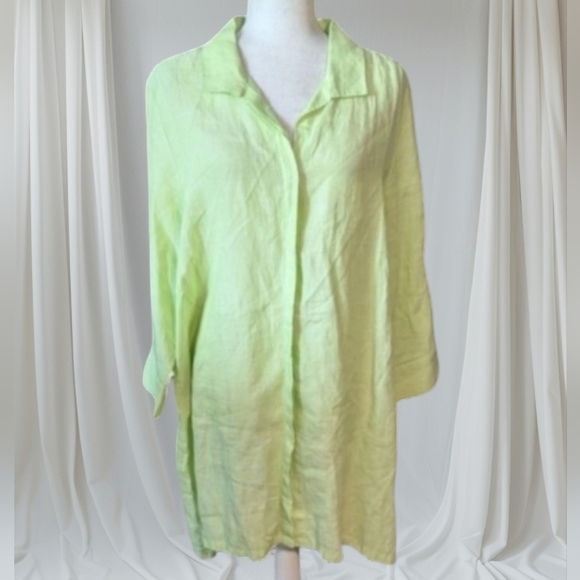 Foxcroft 100% linen lagenlook flowy button front long lime green tunic top Sz 16 - Picture 1 of 8